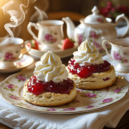 Two golden-brown scones, generously topped with whipped cream and vibrant strawberry jam, are presented on a decorative floral plate. A steaming teacup and a teapot, also featuring floral motifs, are subtly visible in the soft-focus background, suggesting a delightful afternoon tea setting.の素材