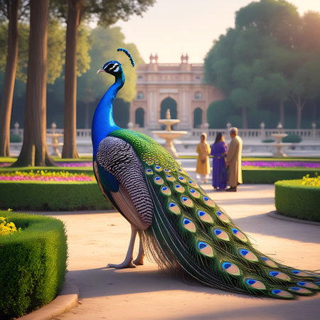 A vibrant male peacock stands proudly in a meticulously maintained formal garden. Its long, iridescent tail feathers are fanned out slightly, showcasing intricate eye patterns. In the background, a classical palace with fountains and manicured hedges suggests an opulent setting. Two figures are seen walking in the distance, adding a sense of scale and human presence to the scene.の素材