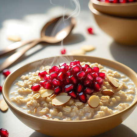 A close-up view of a warm bowl of oatmeal topped with vibrant red pomegranate seeds and thin almond slices. Wisps of steam rise from the hot cereal, indicating it's freshly prepared. Two wooden spoons are blurred in the background, along with another bowl of oatmeal. The image captures the appealing textures and colors of a healthy and delicious breakfast.の素材