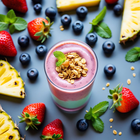 A glass of a two-tone smoothie, featuring a pink layer and a green layer, is topped with a generous portion of granola and a fresh mint leaf. Scattered around the glass on a dark grey surface are whole strawberries, blueberries, and pineapple wedges, suggesting a refreshing and nutritious beverage.の素材