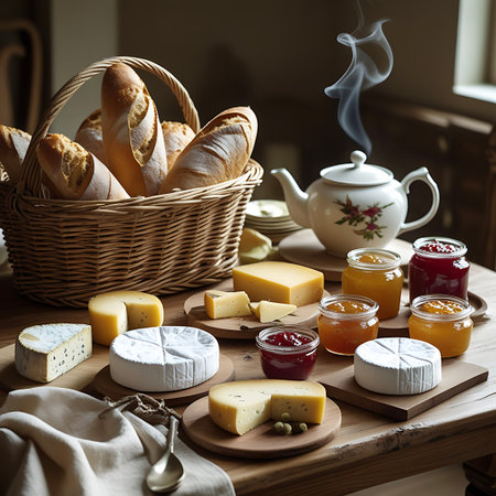 Drink showing variety of cheeses breads jams and tea in a rustic setting keywords: bread, cheese, jam, tea, basket, assortment, food, breakfast, brunch, dairy, baked goods, fruit spread, beverage, hot drink, rustic, wooden table, still life, gourmet, spread, variety, refreshment, delicious, appetizer, snack, catering, picnic, gathering, celebration, traditional, homemade, artisan, healthy eating, organic, natural, fresh, ingredients, camembert, cheddar, blue cheese description: a rustic...の素材