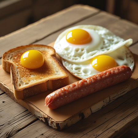 Drink showing two sunny side up eggs and sausage on toast with wooden board keywords: breakfast, fried egg, sunny side up, yolk, egg white, two eggs, sausage, cooked sausage, pork sausage, bread, toast, toasted bread, single slice, wooden board, food, meal, morning, delicious, savory, protein, carbohydrates, wooden table, rustic, close up, top view, overhead view, still life, food photography, brunch, hot food, cooked, appetizing, simple meal, traditional breakfast, hearty breakfast, food...の素材