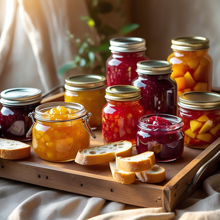 A wooden tray displays a diverse collection of glass jars filled with vibrant fruit jams and preserves in shades of red, orange, and yellow. Some jars contain visible fruit pieces. Slices of toasted baguette are artfully placed among the jars, creating a visually appealing spread. Soft, natural light illuminates the scene, emphasizing the textures and colors of the food.の素材