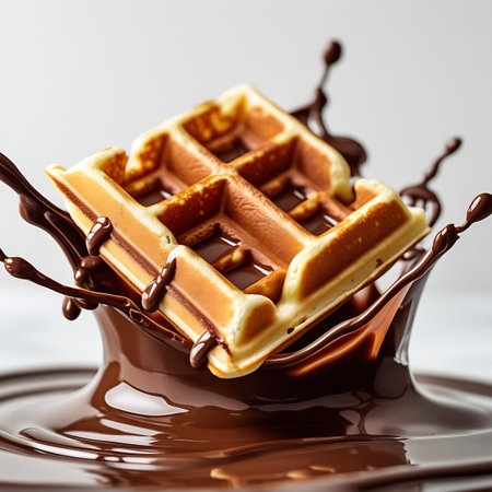 A golden brown square waffle is captured as it emerges from a dynamic swirl of dark chocolate sauce. The chocolate is in mid-splash, creating a vortex-like effect around the waffle. Droplets of chocolate are suspended in the air, adding to the sense of motion and indulgence. The waffle's grid pattern is sharp, and its golden hue contrasts with the deep brown of the chocolate. The background is a soft, neutral tone.の素材