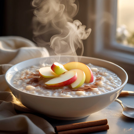 A warm bowl of oatmeal is presented, topped with vibrant apple slices and a sprinkle of cinnamon. Delicate steam rises from the surface, conveying a sense of heat and freshness. The bowl rests on a wooden surface, with a soft cloth draped nearby. Cinnamon sticks and a spoon are visible, enhancing the cozy and appealing presentation of this breakfast dish.の素材