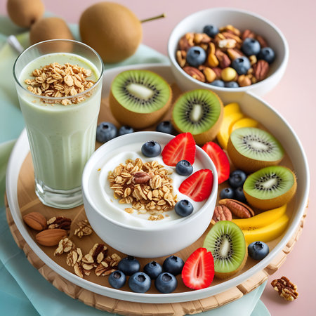 An overhead view of a bountiful breakfast spread on a round woven tray. A glass of green smoothie, topped with granola, is placed beside a white bowl of yogurt adorned with strawberries, blueberries, and granola. Another white bowl contains a mix of nuts, blueberries, and granola. Sliced kiwis, strawberries, and blueberries are artfully arranged around the yogurt bowl. Various nuts, including pecans and walnuts, are scattered on the tray, alongside whole kiwis and bananas.の素材