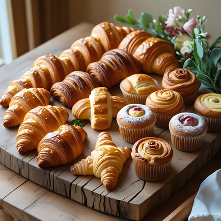 An overhead view showcases a rustic wooden board filled with an assortment of golden-brown croissants and sweet pastries. The croissants exhibit a flaky texture, and some pastries are dusted with powdered sugar or filled with jam. There are also small cupcakes with cream filling and fruit toppings, and cinnamon swirl pastries. A sprig of greenery and delicate pink flowers are placed at the top right, adding a touch of elegance to the baked goods display.の素材