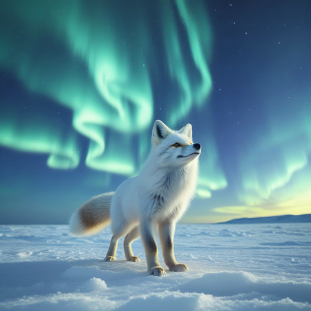 A white arctic fox stands on a snowy plain, its gaze directed upwards towards the vibrant aurora borealis. The northern lights paint the dark sky with streaks of green and blue, with a hint of yellow on the horizon. The fox's fur is white and fluffy, and its tail has a touch of brown. The ground is covered in snow, with subtle shadows and textures.の素材