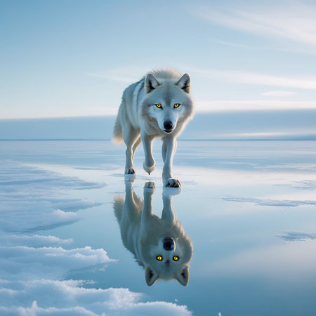 A white wolf with piercing yellow eyes is captured mid-stride on a highly reflective, icy surface. The ground appears to be a frozen body of water, mirroring the wolf and the soft hues of the dawn sky. Clouds are visible both in the sky and reflected on the water's surface, creating a symmetrical and serene scene.の素材