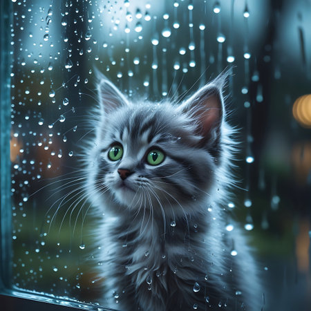 A charming fluffy grey tabby kitten with vibrant emerald green eyes looks upwards through a window streaked with rain. Water droplets cling to the glass, distorting the view of the blurred background. The kitten's fur is soft and detailed, with prominent whiskers, creating an endearing and slightly melancholic portrait.の素材