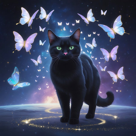 A black cat with luminous green eyes and a pink nose stands on the surface of a celestial sphere, possibly a planet, against a backdrop of a deep, star-studded cosmic sky. Numerous glowing butterflies with iridescent purple and blue wings flutter around the cat and the planet. A golden, sparkling ring encircles the cat, adding to the magical and otherworldly atmosphere.の素材