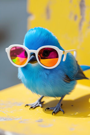 Colorful showing blue bird with white sunglasses and colorful reflections on yellow surface keywords: bird, blue bird, sunglasses, white sunglasses, colorful reflections, cute, funny, animal, wildlife, nature, small, adorable, feathered, chick, chickadee, eyewear, accessory, fashion, style, summer, vacation, travel, bright, vibrant, yellow background, textured yellow, outdoor, daylight, whimsical, playful, happy, cheerful, character, stylized, digital art, illustration, close-up description:...の素材