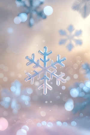 A detailed, realistic blue snowflake with intricate crystalline arms is the main subject, set against a soft background. The background features a blend of warm gold and cool blue bokeh lights, creating a dreamy and atmospheric effect. The snowflake appears to be suspended in the air, with other blurred snowflakes visible in the distance.の素材