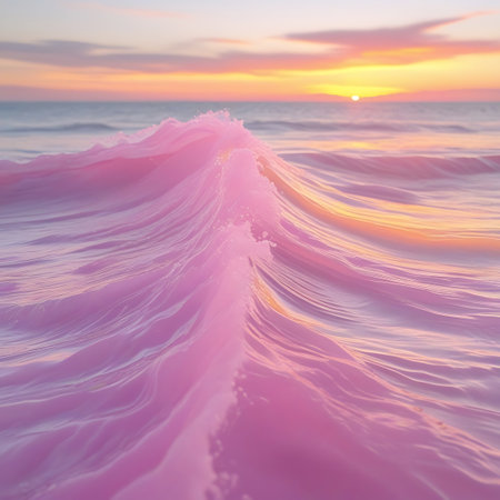 A close-up view of a vibrant pink ocean wave during sunset. The water appears smooth and fluid, with soft pastel colors from the sky reflecting on its surface. Gentle light and a sense of serene motion dominate the scene.の素材
