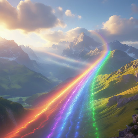 A spectacular, vibrant rainbow light stream cascades through a majestic mountain valley under a soft, cloudy sky. The sun's golden rays illuminate the green slopes, creating a breathtaking and ethereal landscape. The scene evokes a sense of wonder and magical beauty.の素材