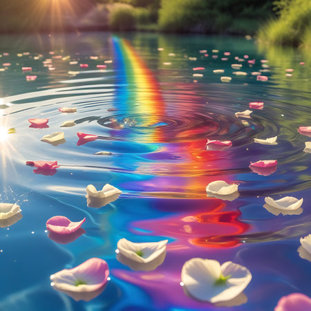 A dazzling sun flare casts a warm glow over a tranquil body of water, where delicate pink and white flower petals drift. A vivid rainbow reflection dances on the water's surface, creating a spectrum of colors and intricate ripple patterns. The scene evokes a sense of magic and serenity.の素材