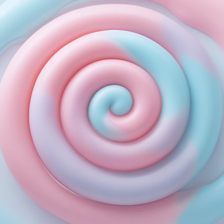 This image is a close-up, macro view of a swirled candy with a pastel pink and blue color palette. The texture is smooth and glossy, with a prominent spiral pattern that draws the eye towards the center. The colors blend seamlessly, creating a soft and inviting visual. The lighting emphasizes the rounded forms and the subtle variations in color, highlighting the candy's sweet and playful nature.の素材