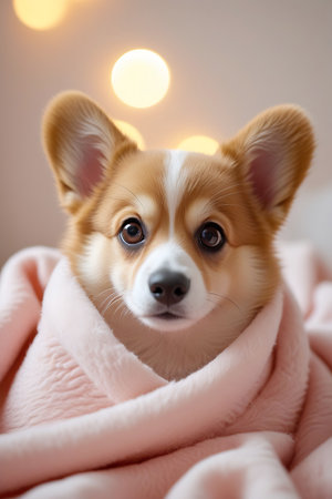 This image features a charming Pembroke Welsh Corgi puppy nestled within a soft, pink blanket. The puppy's face is the focal point, with its large, curious eyes, alert ears, and a gentle expression. Out-of-focus bokeh lights in the background add a warm and inviting ambiance, highlighting the cozy scene.の素材