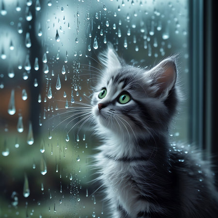 A cute, fluffy grey tabby kitten with vivid green eyes is captured looking upwards through a window pane heavily adorned with raindrops. The water droplets create a textured effect on the glass, and the background is softly blurred. The kitten's detailed fur and prominent whiskers add to its adorable appearance.の素材