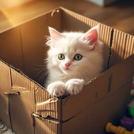 A fluffy white kitten with wide green eyes and a tiny pink nose is nestled within a brown cardboard box. Its front paws are perched on the edge, and it looks out with an expression of pure curiosity. The box is situated on a textured rug, and various colorful toys, including blocks and a yellow toy, are visible around it, hinting at playtime.の素材