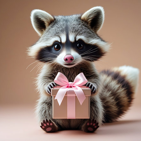 A very cute and fluffy baby raccoon is sitting and holding a small, light pink gift box tied with a delicate satin ribbon and bow. The raccoon has its characteristic black mask around its eyes, large dark eyes, and a small pink nose. Its furry tail with dark stripes is visible. The background is a soft, solid brown, making the raccoon and the gift box stand out. The image is a studio shot with a shallow depth of field.の素材