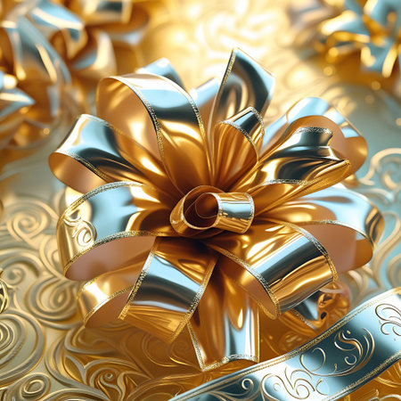 A detailed, close-up image showcasing an elaborate bow made from shimmering gold and silver ribbon. The bow is the central focus, resting on a richly textured golden surface decorated with intricate, embossed swirling and floral motifs. The metallic ribbon exhibits a high shine, with distinct sections of gold and a lighter, silvery hue. The edges of the ribbon are finely detailed, enhancing its sophisticated appearance. The background is softly out of focus, drawing attention to the...の素材