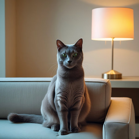 A sleek Russian Blue cat with striking green eyes sits regally on a light-colored sofa. The cat is positioned centrally, facing the camera with a calm expression. To the right, a modern table lamp with a warm, glowing shade casts a soft light on the scene, creating a cozy and inviting atmosphere. The background is softly blurred, suggesting an indoor living space with muted tones.の素材
