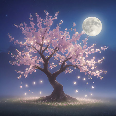A solitary cherry blossom tree, adorned with delicate pink flowers and illuminated by small, warm glowing lights, stands beneath a large, bright full moon in a deep blue night sky. The ground is covered in a soft carpet of fallen petals and more glowing lights, creating a magical and serene atmosphere.の素材