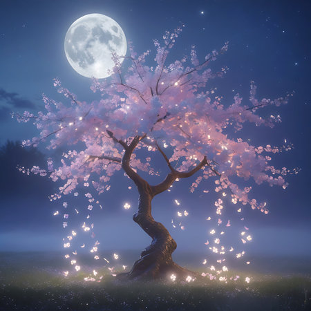 An enchanted cherry blossom tree with delicate pink flowers that glow softly stands under a large, luminous full moon in a starry night sky. The tree's branches are adorned with glowing blossoms, and luminous petals drift down to the misty ground, creating a magical and serene atmosphere.の素材