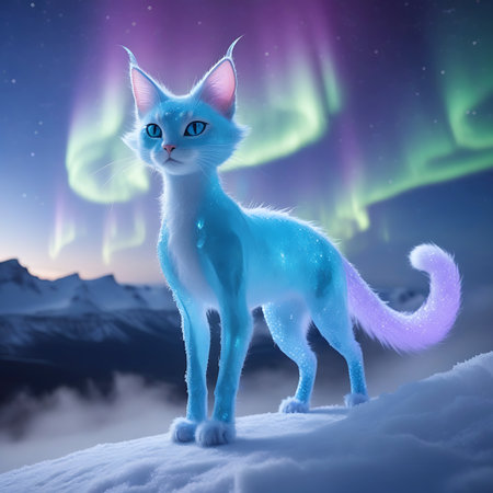 An enchanting blue cat with glowing fur and sparkling particles stands on a snow-covered hill. The cat has bright blue eyes and delicate, pointed ears. Behind it, the vibrant green and purple hues of the aurora borealis dance across a starry night sky, with distant snow-capped mountains forming the backdrop.の素材