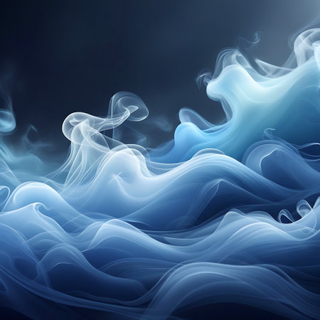 Abstract swirling patterns of ethereal blue and white smoke or vapor against a dark background. The fluid motion creates delicate, translucent forms with soft gradients and highlights, evoking a sense of calm and dreaminess.の素材