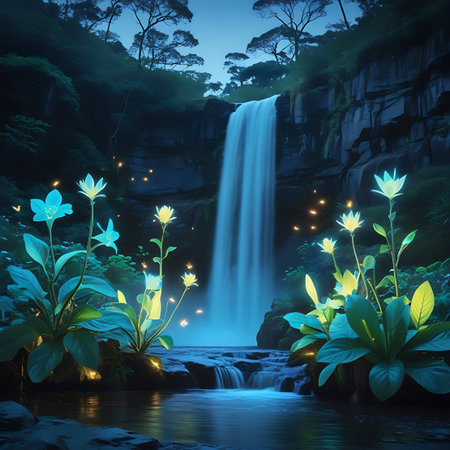 A breathtaking waterfall cascades down rocky cliffs into a serene pool, surrounded by lush, dark green foliage. In the foreground, vibrant, glowing flowers in shades of blue and yellow emit a soft light, attracting tiny, sparkling fireflies. The scene is bathed in the dim, magical light of dusk, with silhouetted trees against a twilight sky, creating an ethereal and dreamy atmosphere.の素材