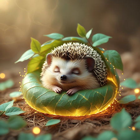 A captivating close-up image of a charming hedgehog sleeping deeply within a nest of lush green leaves, illuminated by the soft twinkle of fairy lights. The hedgehog appears completely at ease, with its eyes closed and a gentle expression. The surrounding foliage and subtle bokeh effect create a dreamy and magical atmosphere, emphasizing the creature's peaceful rest.の素材