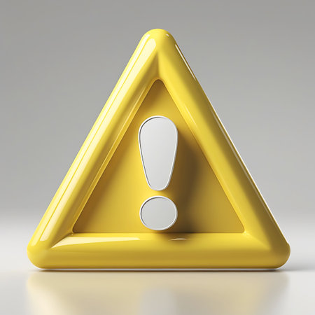 A bright yellow triangular warning sign with a thick, rounded border contains a white exclamation mark in the center. The symbol is rendered in 3D, casting a shadow on a clean white surface. The bold colors and clear iconography convey a message of caution or importance.の素材