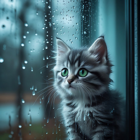 A fluffy grey tabby kitten with striking bright green eyes gazes intently through a window pane covered in numerous water droplets from the rain outside. The kitten's fur is detailed, and its long whiskers are prominent. The background is blurred, showing a hint of the outdoors and creating a moody, atmospheric scene.の素材
