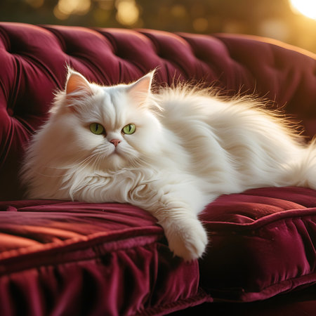 A majestic white Persian cat with striking green eyes is elegantly lounging on a deep red, tufted velvet sofa. The cat's long, fluffy fur is illuminated by warm, golden hour sunlight, creating a soft bokeh effect in the background. Its relaxed posture and serene expression convey a sense of comfort and tranquility within a luxurious indoor setting.の素材
