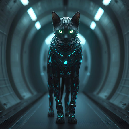 A sleek black cat with glowing green eyes stands in a futuristic, dimly lit corridor. Its body is encased in intricate cybernetic armor with glowing blue accents, suggesting a robotic or augmented nature. The background features a curved tunnel with illuminated panels, creating a sense of depth and a science fiction environment.の素材