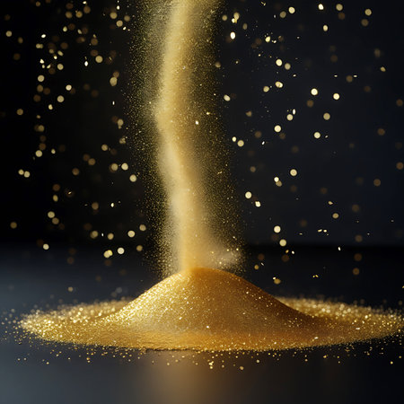 A stream of golden glitter sand pours from the top of the frame, creating a dynamic cascade that forms a shimmering pile on a dark surface. Numerous individual glitter particles are suspended in the air, sparkling and catching the light against a deep black background. The overall effect is magical and luxurious.の素材