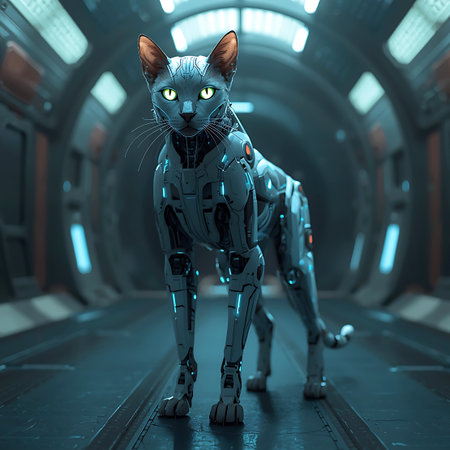A light gray cat with bright yellow eyes is depicted in a futuristic, metallic corridor. Its body is covered in detailed cybernetic plating and illuminated with soft blue lights, giving it a robotic appearance. The background is a long, curved tunnel with glowing lights, evoking a science fiction setting.の素材