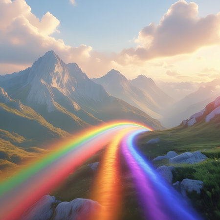 A vibrant rainbow forms a luminous path winding through a majestic mountain valley. Lush green slopes rise on either side, dotted with rocks and sparse vegetation. The sky above is a soft blue, adorned with fluffy, golden-tinged clouds, suggesting either dawn or dusk. Sunlight streams through the clouds, illuminating the scene with a warm, ethereal glow.の素材