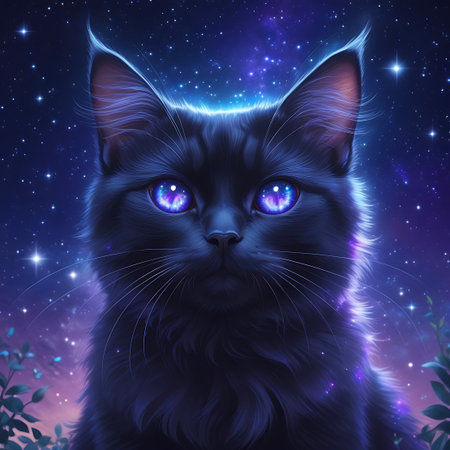 This image features a close-up of a black cat with intensely glowing, electric blue eyes. The background depicts a vibrant, star-filled night sky with swirling nebulae and cosmic dust in shades of deep blue and purple. The cat's dark fur is detailed, with hints of purple light reflecting on its features. Delicate plant silhouettes frame the bottom of the image.の素材