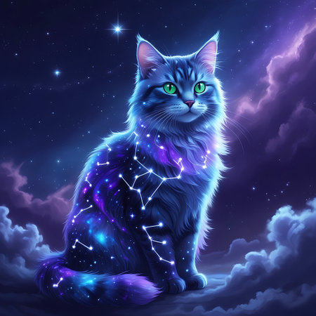 A beautiful, fluffy cat with piercing green eyes is set against a breathtaking night sky filled with vibrant galaxies and nebulae. The cat's dark fur is illuminated by glowing patterns of stars and constellations in shades of purple and blue. Soft, luminous clouds surround the cat, enhancing the magical and celestial theme. The cat is seated and looking forward with an enchanting gaze.の素材
