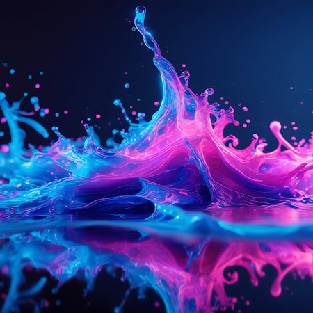 A dynamic splash of liquid in vibrant neon pink and blue hues against a dark background. The fluid forms intricate shapes with droplets and waves, creating a sense of energetic motion. The surface below reflects the colorful liquid, enhancing the visual impact.の素材