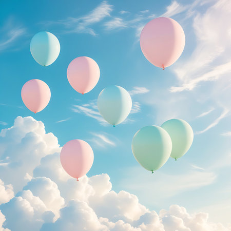 A collection of seven pastel-colored balloons, including pink, light blue, and mint green, float gracefully against a bright blue sky filled with fluffy white clouds. The balloons are scattered across the frame, some closer and larger, others further away and smaller, creating a sense of depth and movement. The lighting suggests a sunny day, casting a soft glow on the balloons and clouds.の素材