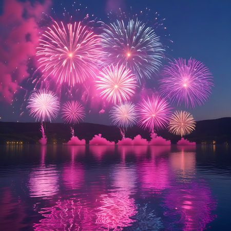 A vibrant fireworks display in shades of pink, white, and blue explodes in the twilight sky over a tranquil lake. The colorful bursts are sharply reflected in the still water, creating a symmetrical and captivating visual. Dark, rolling hills and distant trees form the background. The scene evokes a feeling of festivity and awe.の素材