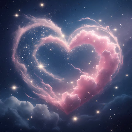 A large, heart-shaped formation of soft pink clouds is illuminated against a deep blue night sky filled with numerous twinkling stars. Wisps of lighter pink and white clouds swirl around the edges of the heart, creating a dreamy and ethereal atmosphere. The overall image evokes a sense of romance, wonder, and cosmic beauty.の素材