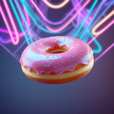 A pink frosted donut, generously topped with small sprinkles, is the main subject. Behind it, abstract patterns of glowing neon lights in shades of pink and turquoise create a vibrant and energetic backdrop. The donut appears to be floating, with the lights swirling around it. The image combines a familiar treat with a futuristic, abstract aesthetic.の素材