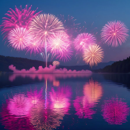 A vibrant display of pink fireworks illuminates the twilight sky, with their dazzling reflections shimmering on the surface of a calm lake. The dark silhouettes of distant mountains and a treeline frame the scene, creating a peaceful yet celebratory atmosphere. The sky transitions from deep blue to a lighter hue near the horizon, where the last light of day is fading.の素材