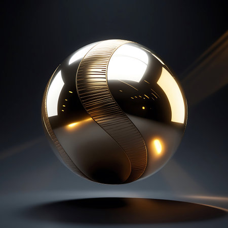 A highly reflective metallic sphere with a smooth, polished surface is presented against a dark, out-of-focus background. A distinct ribbed texture wraps around a portion of the sphere, creating a visual contrast with the smooth areas. Dynamic lighting casts strong highlights and soft shadows, accentuating the sphere's form and the textural elements. The reflections on the surface suggest a studio environment.の素材