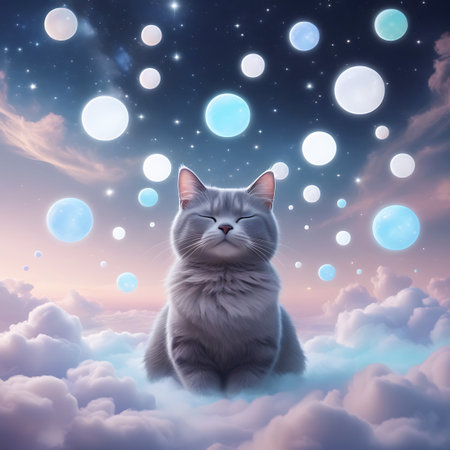 A fluffy gray cat with closed eyes sits serenely on a bed of soft, pink and white clouds. Above, the night sky is filled with twinkling stars and a distant nebula. Numerous glowing orbs and bubbles of various sizes and colors float around the cat, creating a dreamlike and magical atmosphere.の素材
